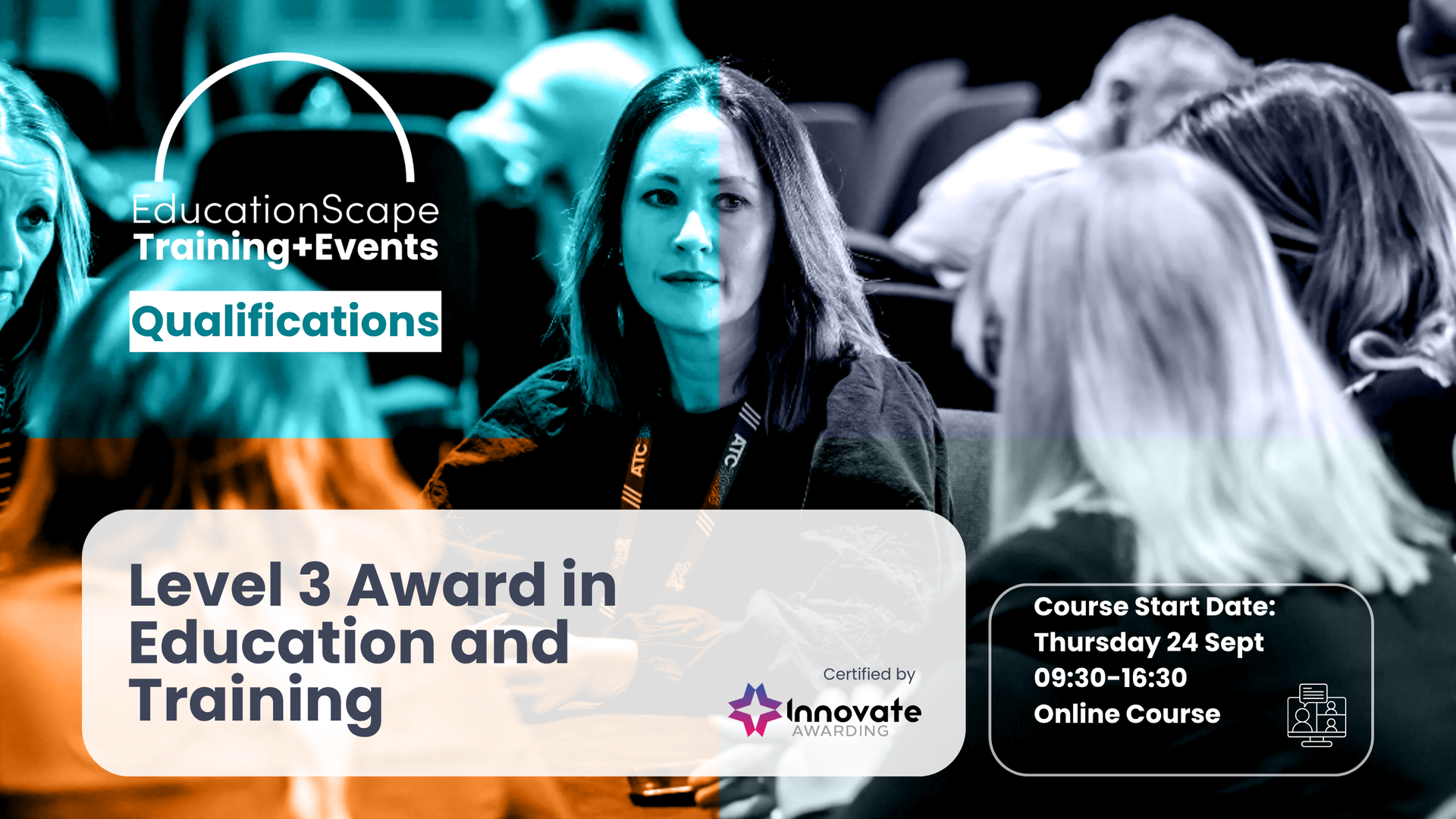 Promotional hero banner for EducationScape Training+Events Qualifications, featuring a focused woman in a seminar with teal overlays (Level 3 Award in Education and Training).