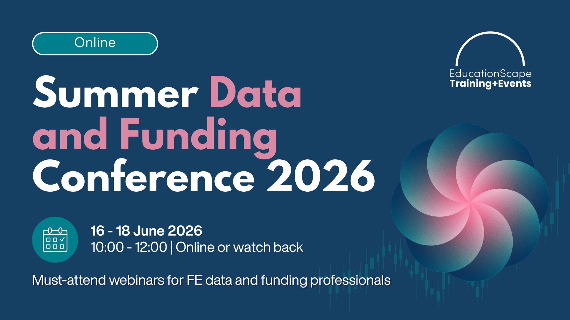 Online banner for Summer Data and Funding Conference 2026 with EducationScape logo and abstract flower graphic, teal 'Online' badge visible on left top.