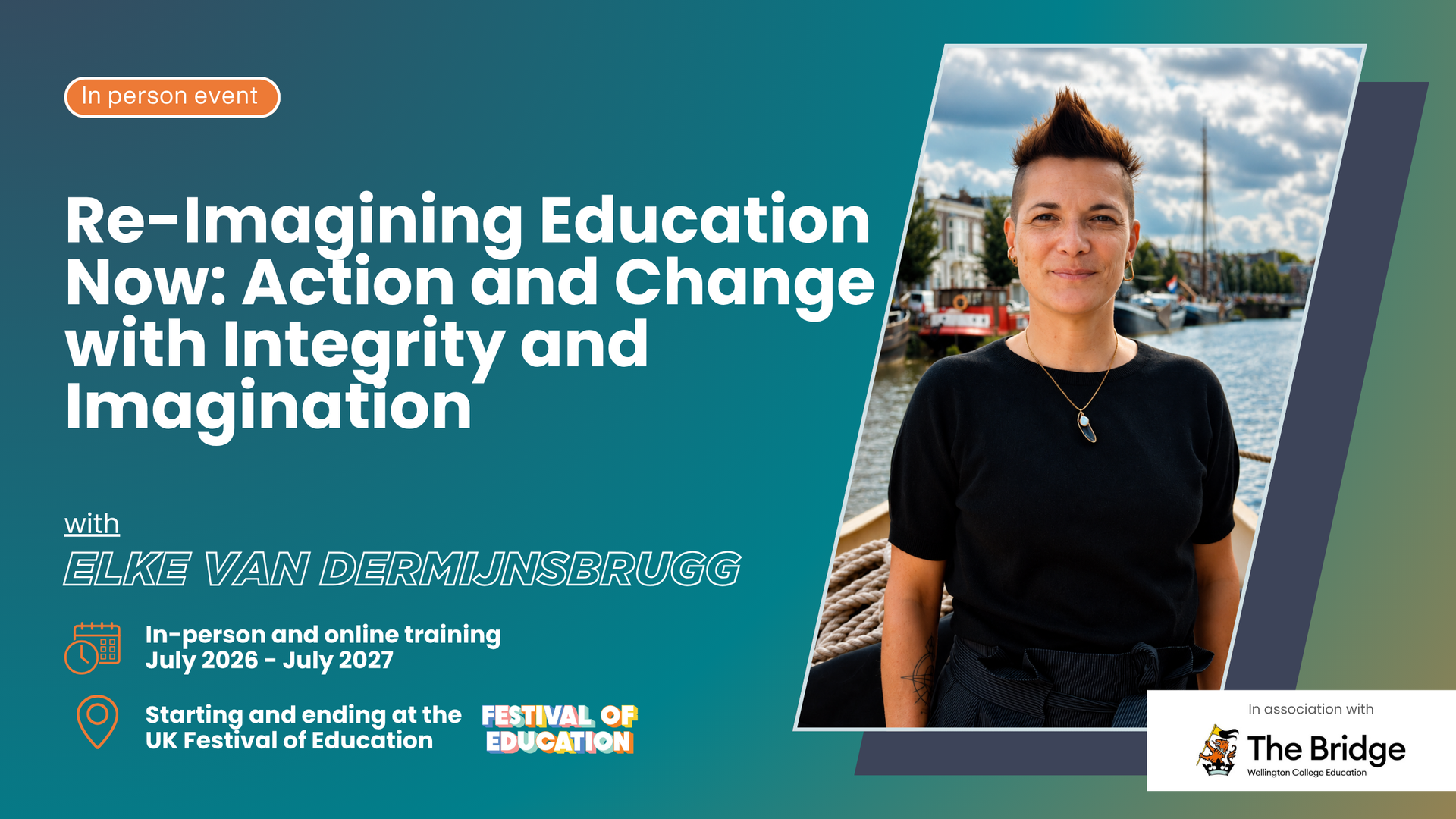 Promotional banner for an in-person event: 'Re-Imagining Education Now' with a portrait on the right side.