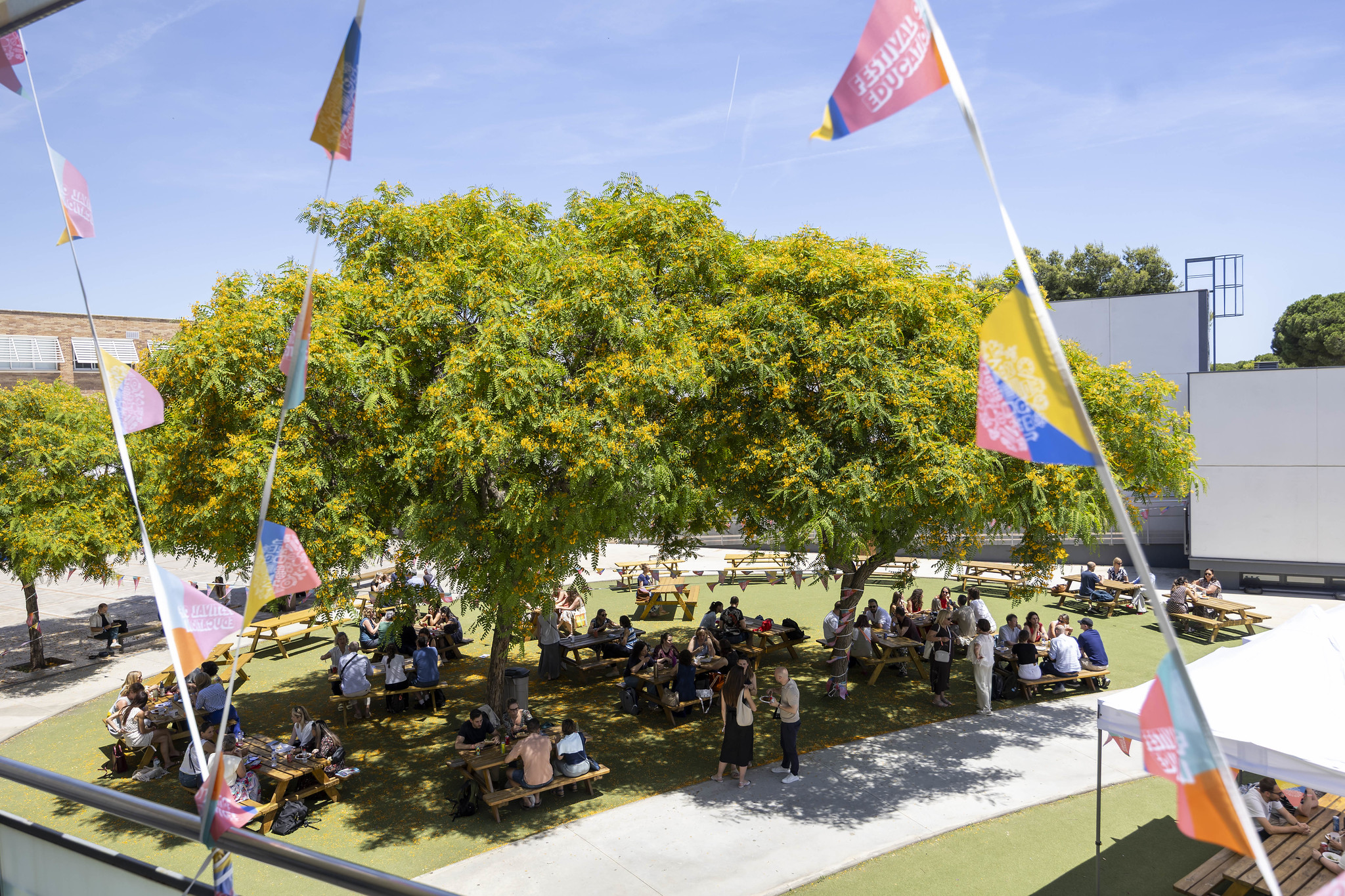 People seated at picnic tables beneath a large tree at an outdoor festival, with colorful pennant flags overhead.