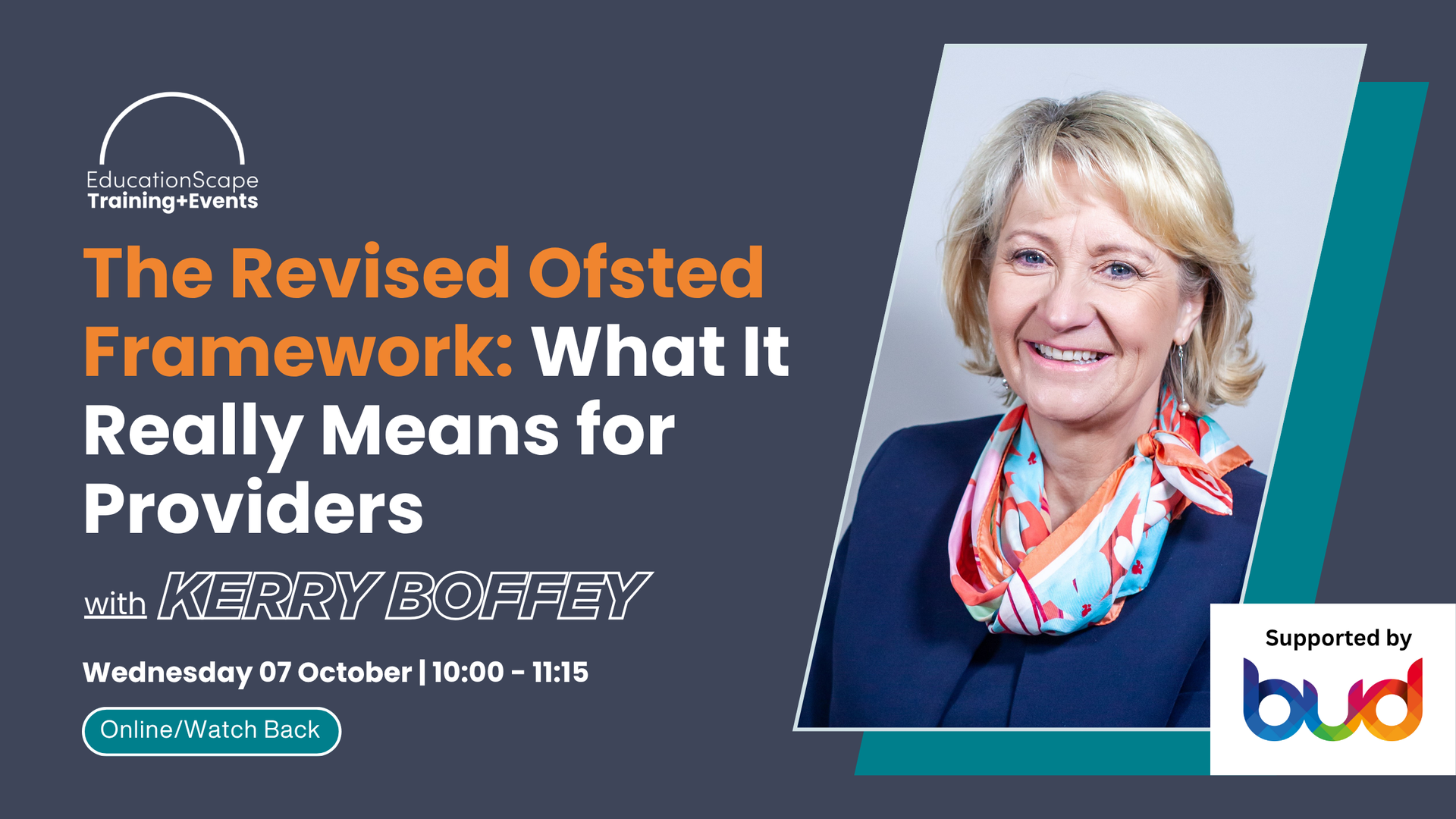 Event banner for EducationScape: 'The Revised Ofsted Framework: What It Really Means for Providers' with a smiling woman portrait on the right and EducationScape logo on the left.