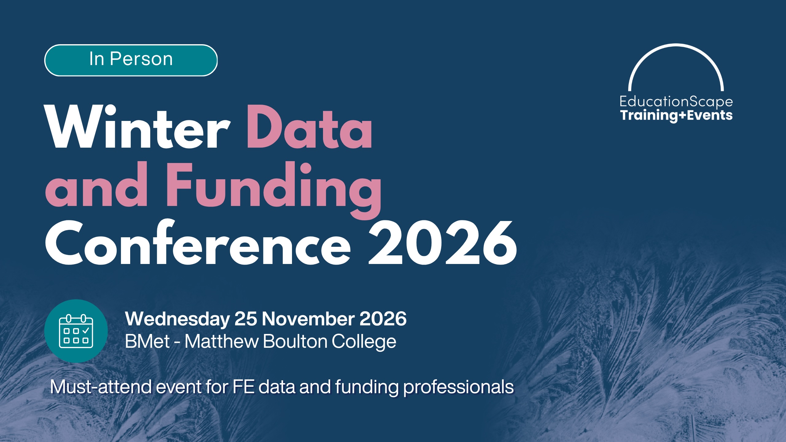 In-person poster for Winter Data and Funding Conference 2026 with EducationScape logo and date November 25, 2026 in bold typography.