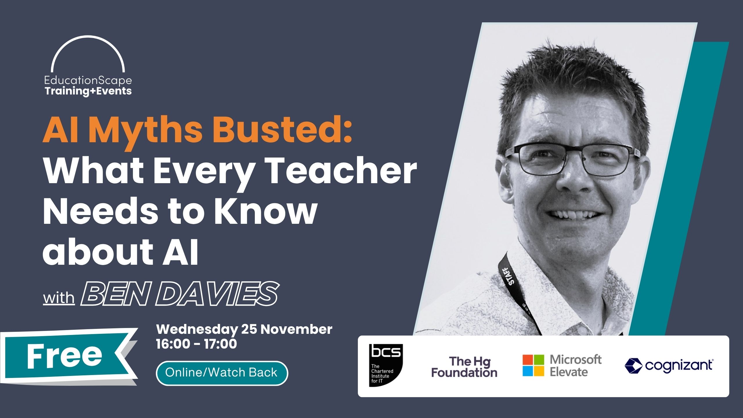 EducationScape banner promoting 'AI Myths Busted: What Every Teacher Needs to Know about AI' with a man’s headshot on the right.