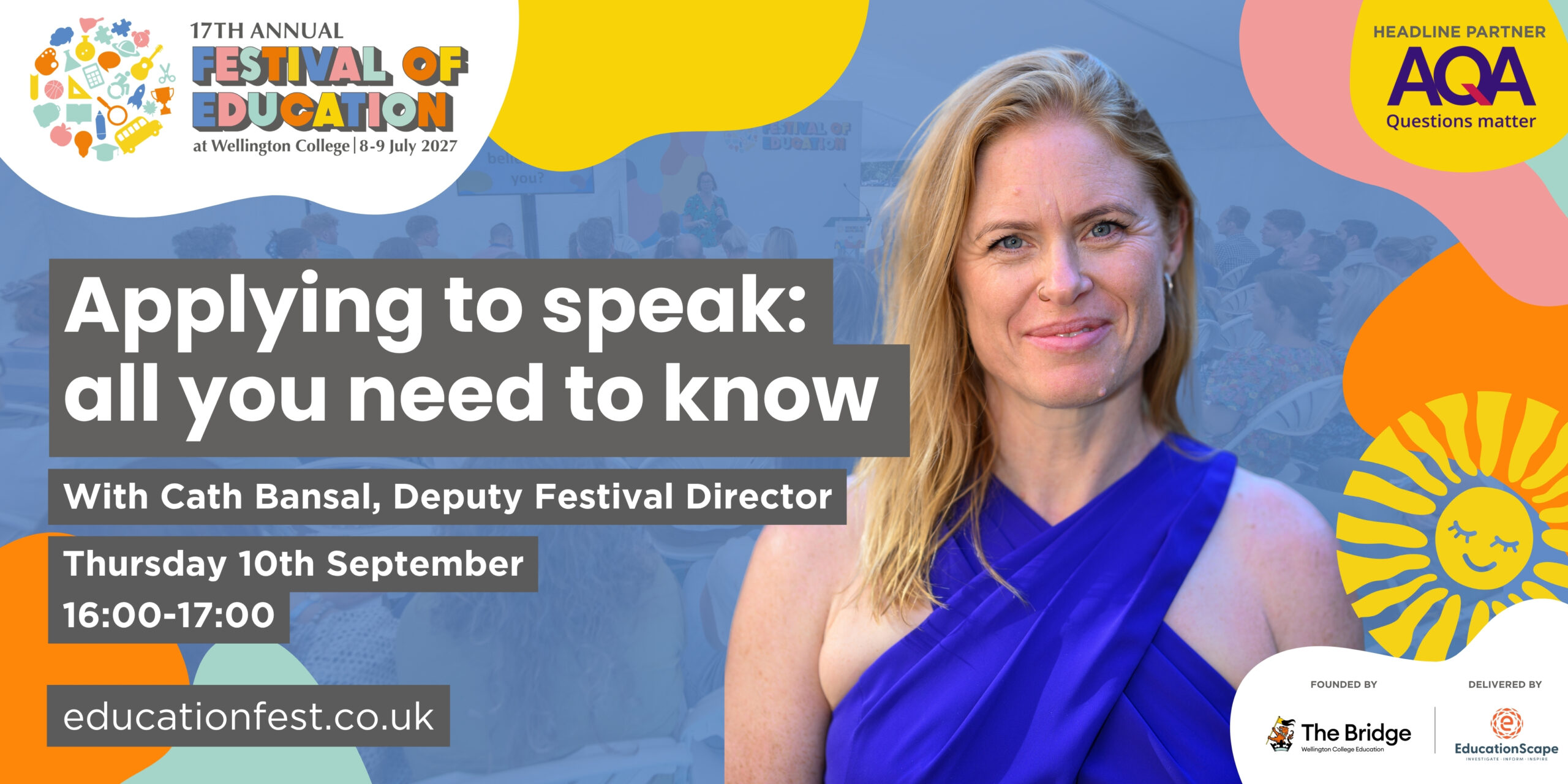 Promotional banner for the 17th Annual Festival of Education featuring a smiling blonde woman in a blue dress and bold event text.
