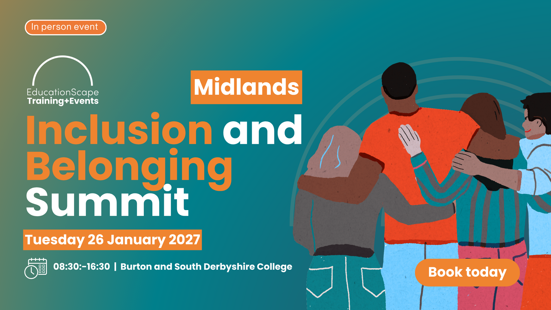 In-person event poster for Midlands Inclusion and Belonging Summit showing diverse people embracing, with date Tuesday 26 January 2027 and a 'Book today' button.