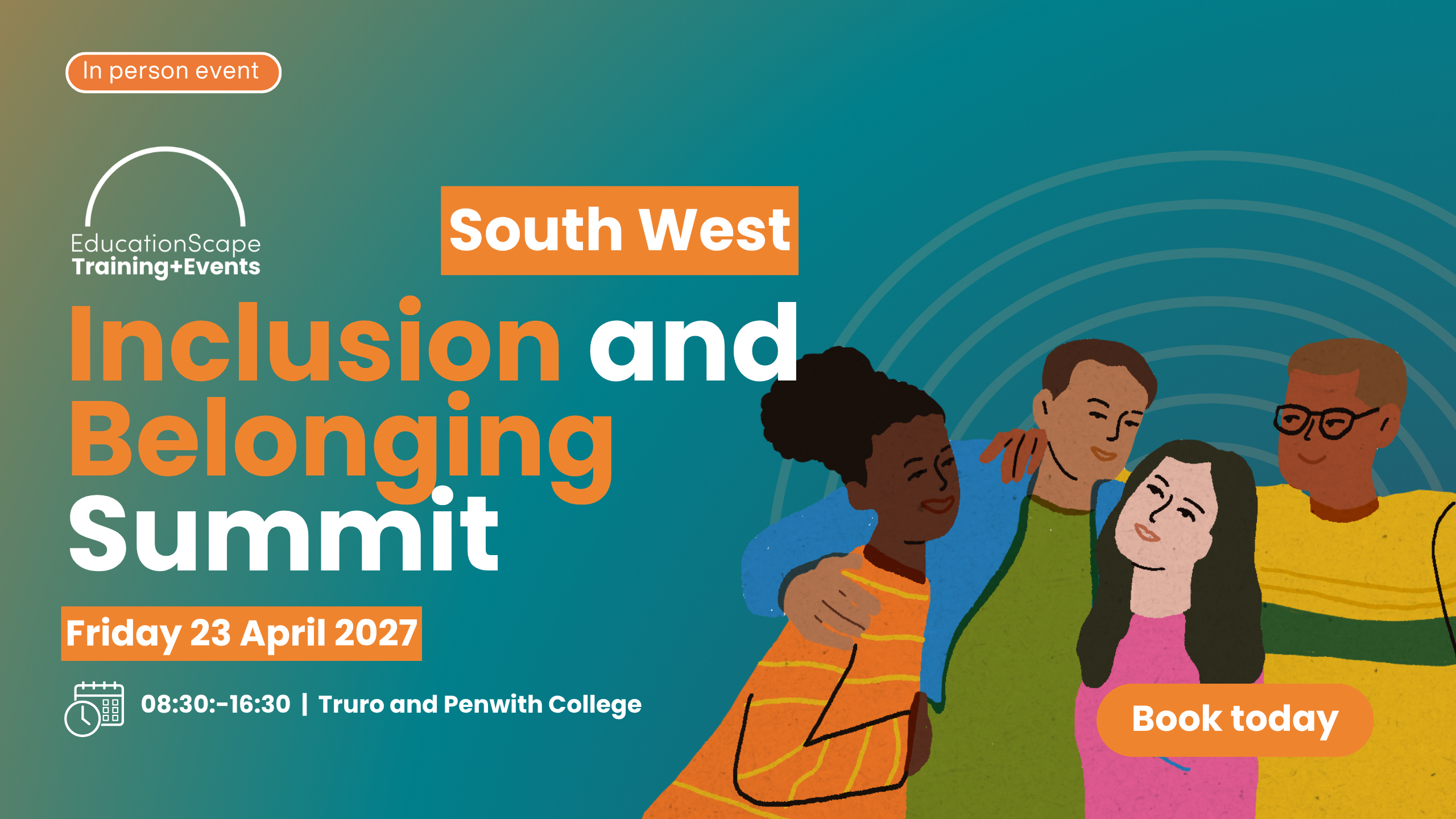 In-person event poster for the South West Inclusion and Belonging Summit featuring diverse people and event details in orange and teal tones.