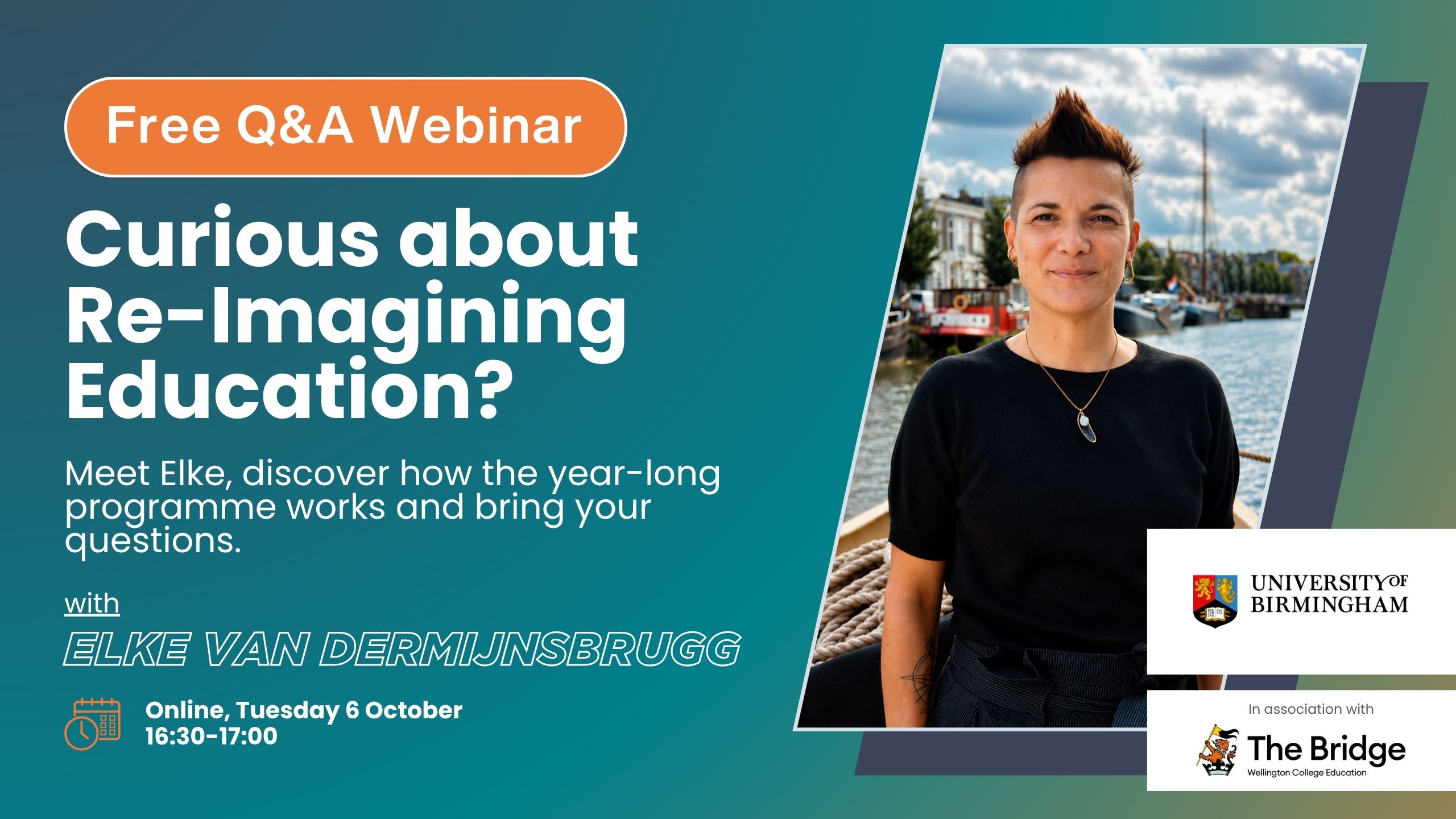 Promotional banner for a free Q&A webinar titled 'Curious about Re-Imaging Education?' with a photo of a woman by a harbor and logos from The Bridge and University of Birmingham (text included in image).