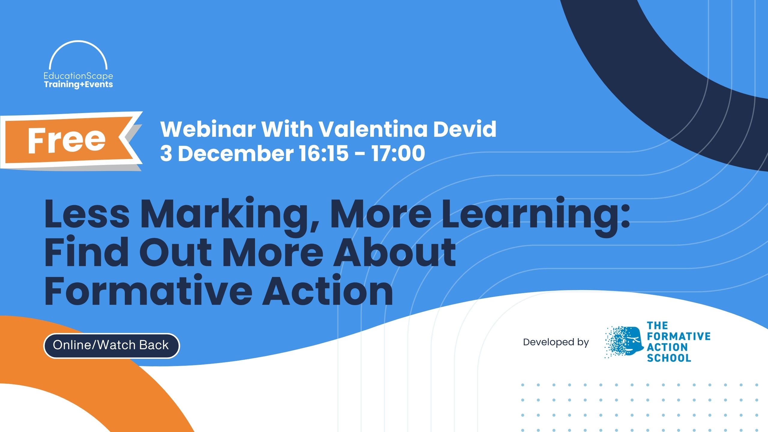 Blue webinar banner: Free webinar with Valentina Devid, Dec 3, 16:15–17:00; title reads 'Less Making, More Learning'.