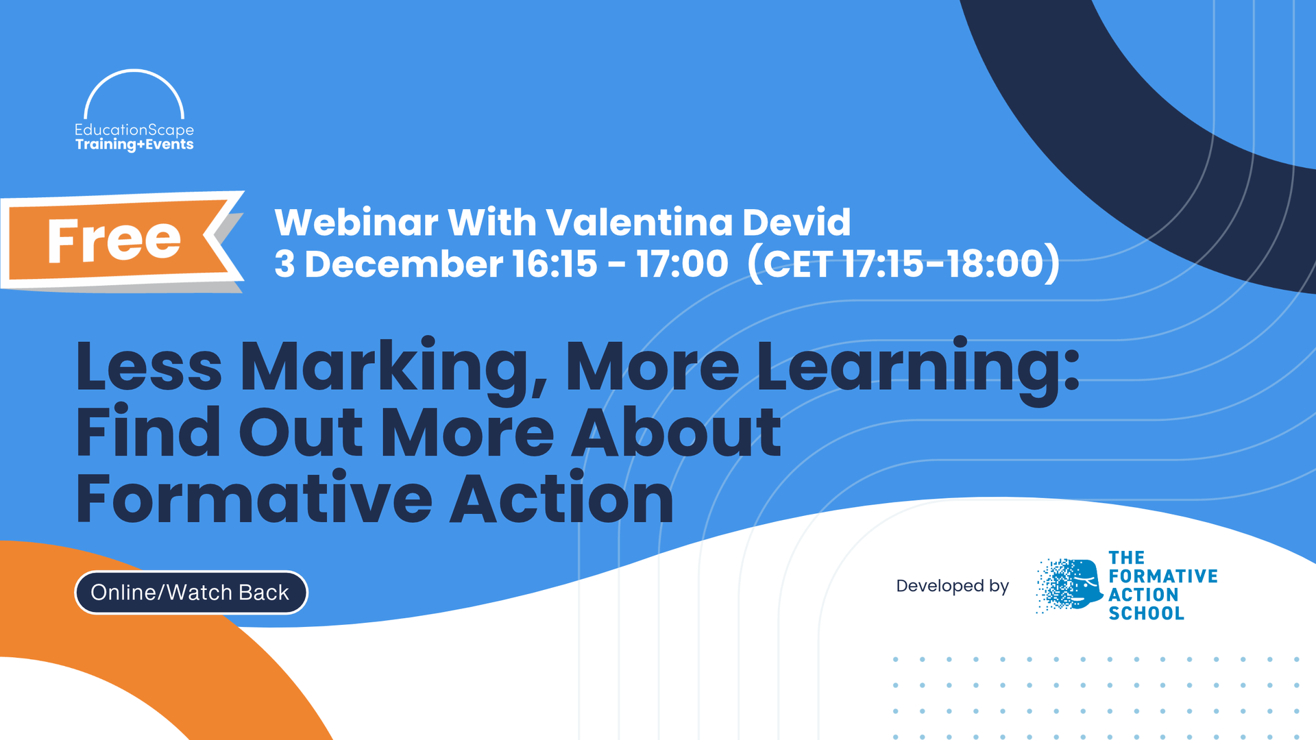 Blue webinar banner announcing a free webinar with Valentina Devid, date December 3, and CET times; includes logos and decorative curves